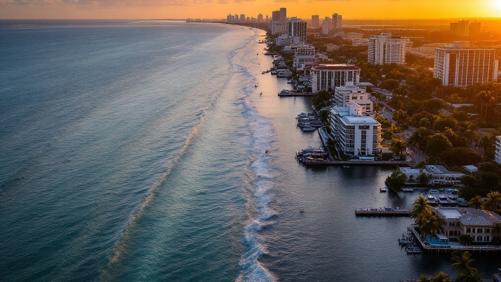 Aerial view of Fort Lauderdale's Intracoastal Waterway and beachfront at golden hour