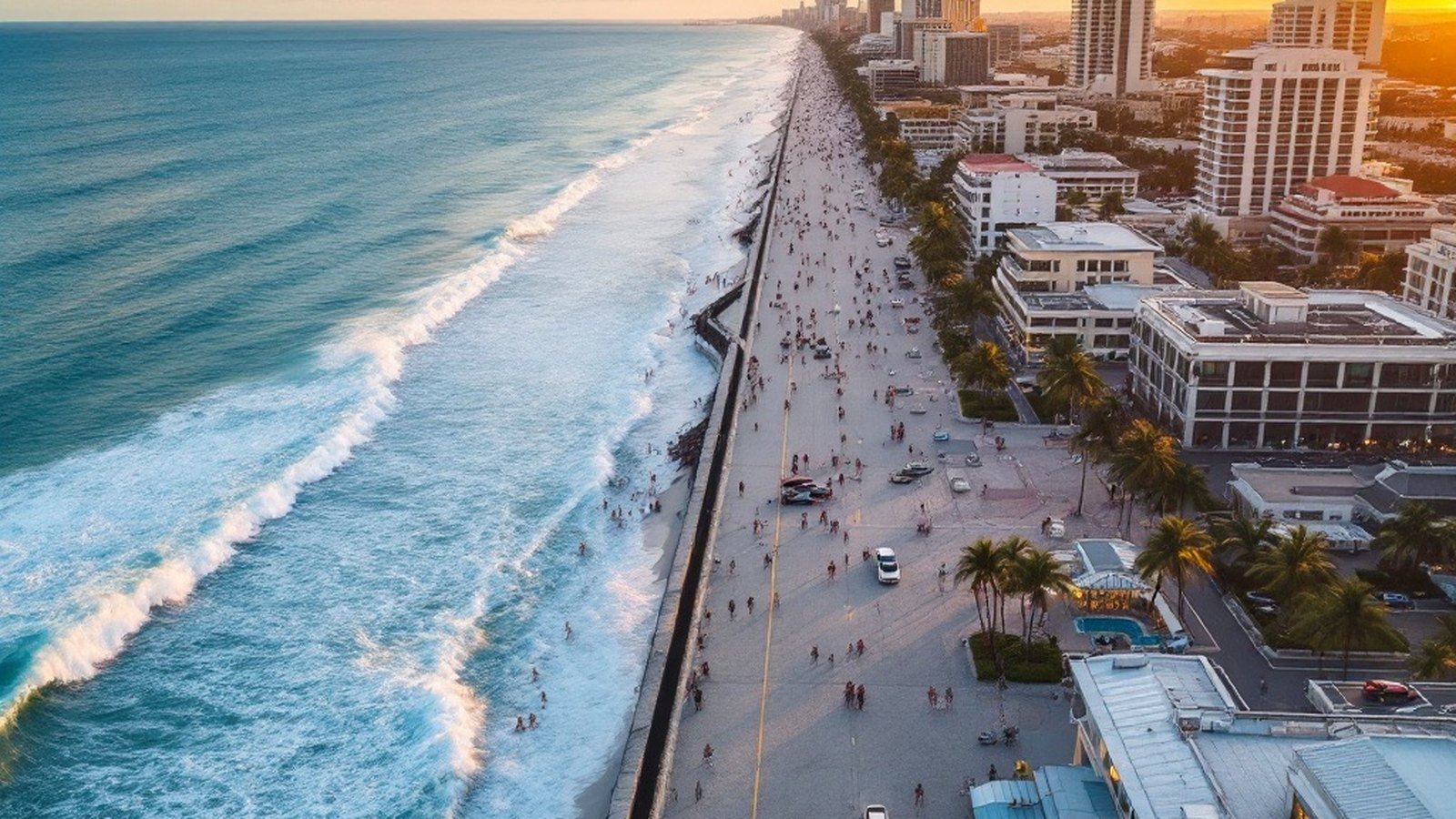 Aerial or wide shot of Fort Lauderdale Beach promenade looking south