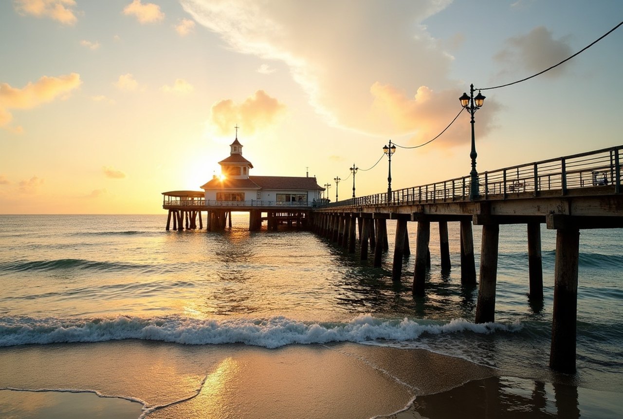 Wide shot of Anglin's Pier extending into the Atlantic, late afternoon light