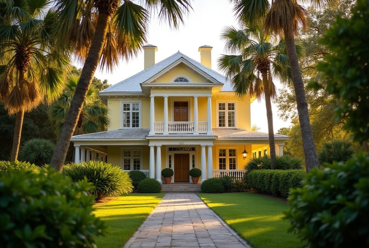 Exterior of the pale yellow Plantation-revival main house through tropical foliage