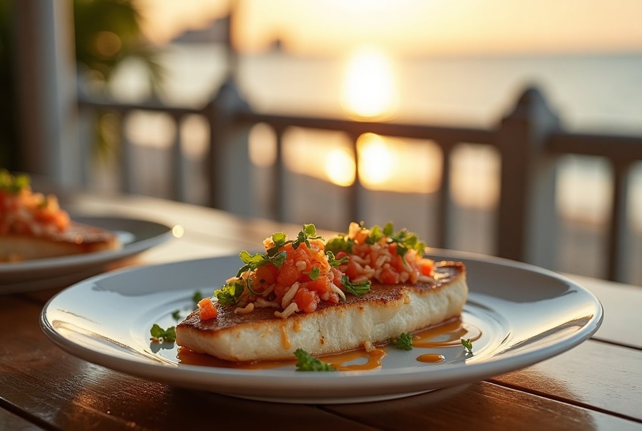 Fresh mahi-mahi or ceviche platter on a waterfront table