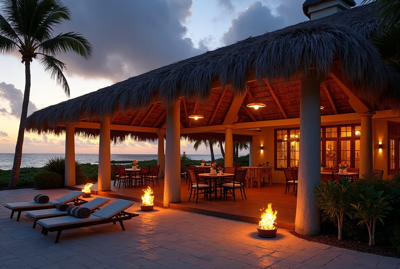 Exterior of the Mai-Kai at dusk, torches lit, thatched roofline visible