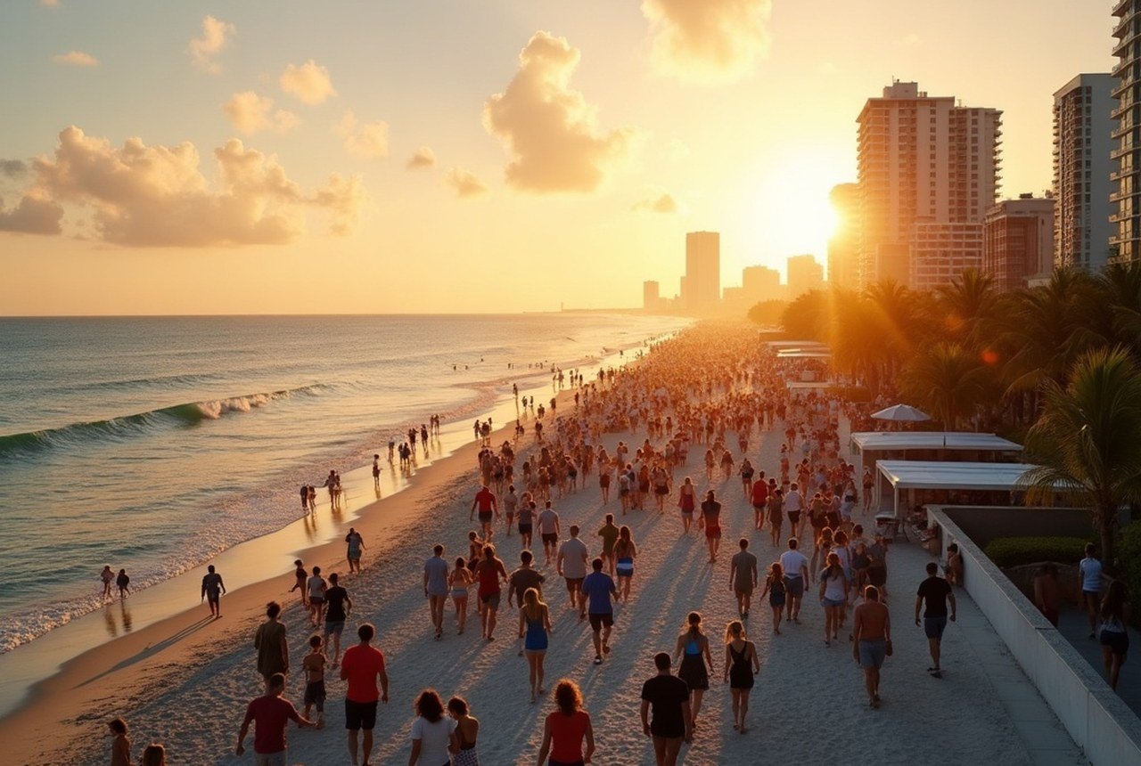 Wide shot of Fort Lauderdale Beach during an outdoor festival, crowd and Atlantic visible