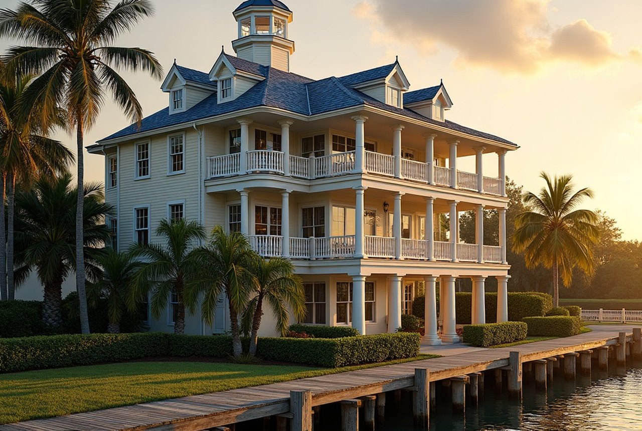 Exterior of Stranahan House from the New River bank, showing the Dade County pine facade