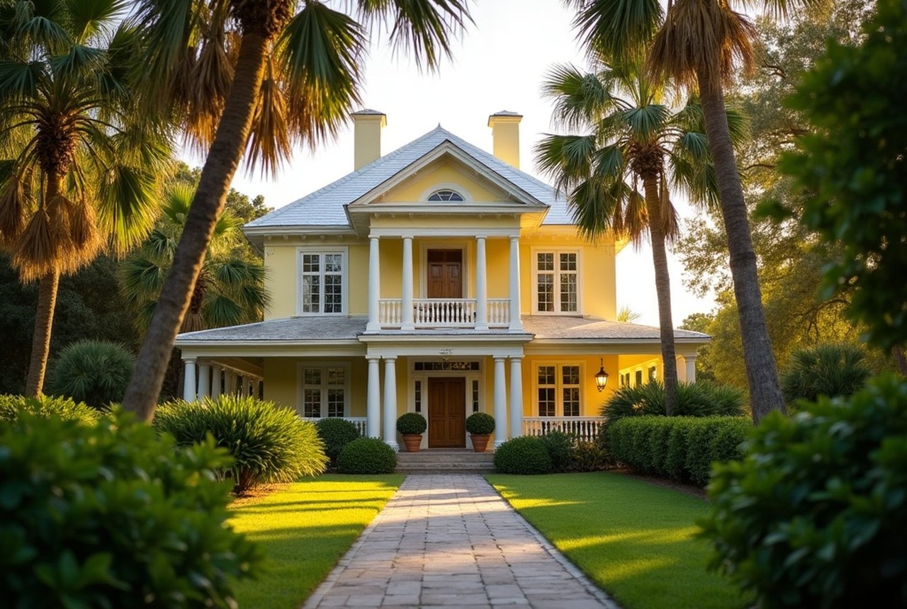 Exterior of the pale yellow Plantation-revival main house through tropical foliage