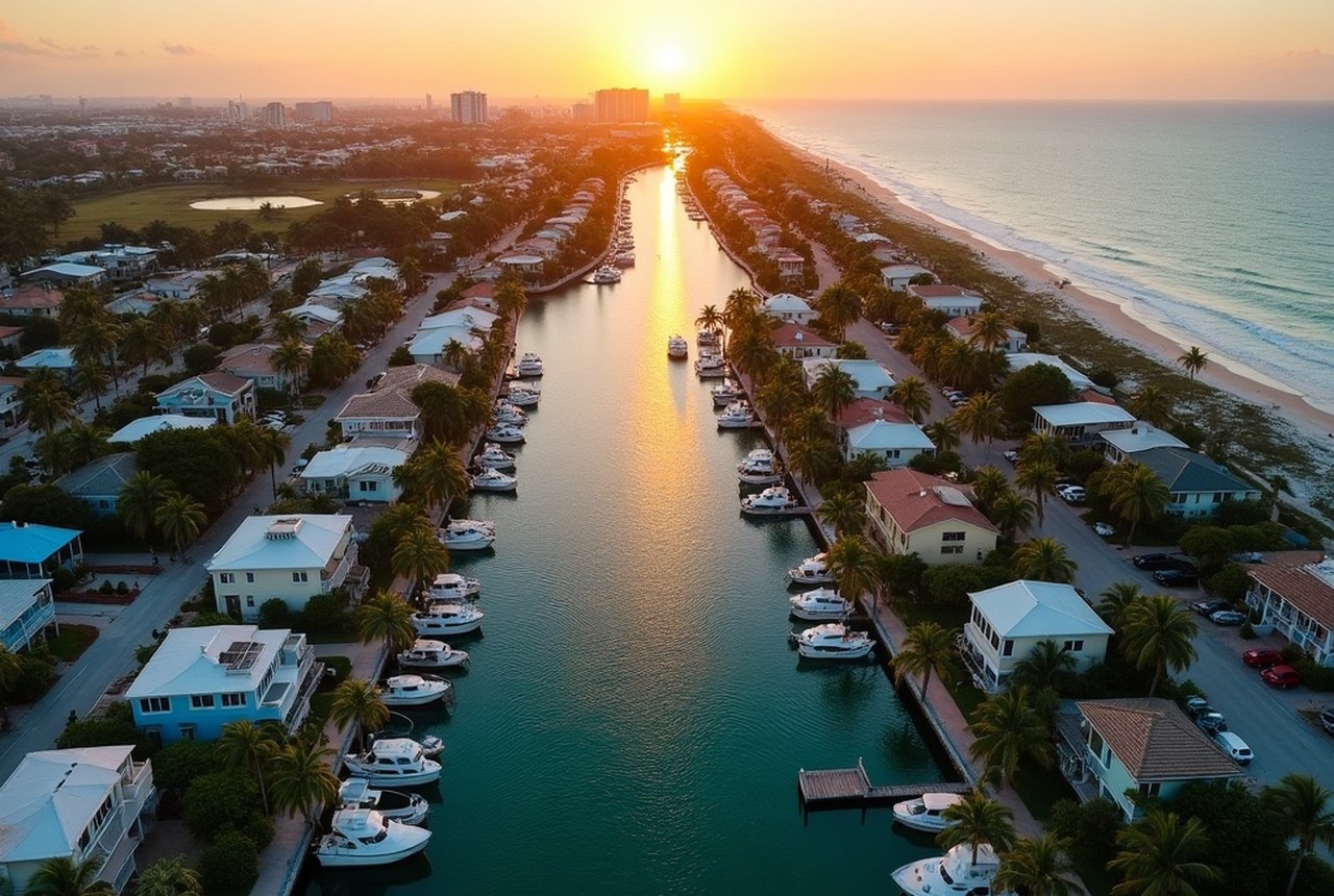 Aerial view of Fort Lauderdale finger canals with residential waterfront lots