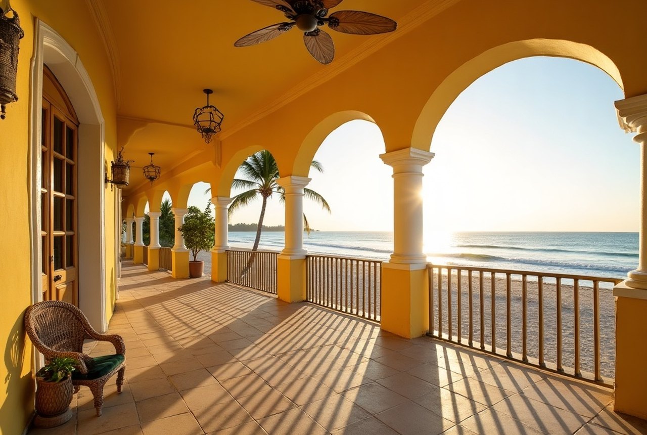 The yellow veranda and coquina arches of Bonnet House, Fort Lauderdale