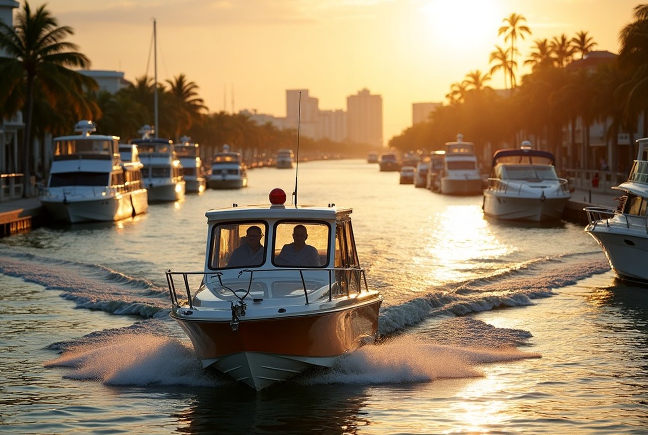 A Fort Lauderdale water taxi cruising the Intracoastal Waterway past moored yachts