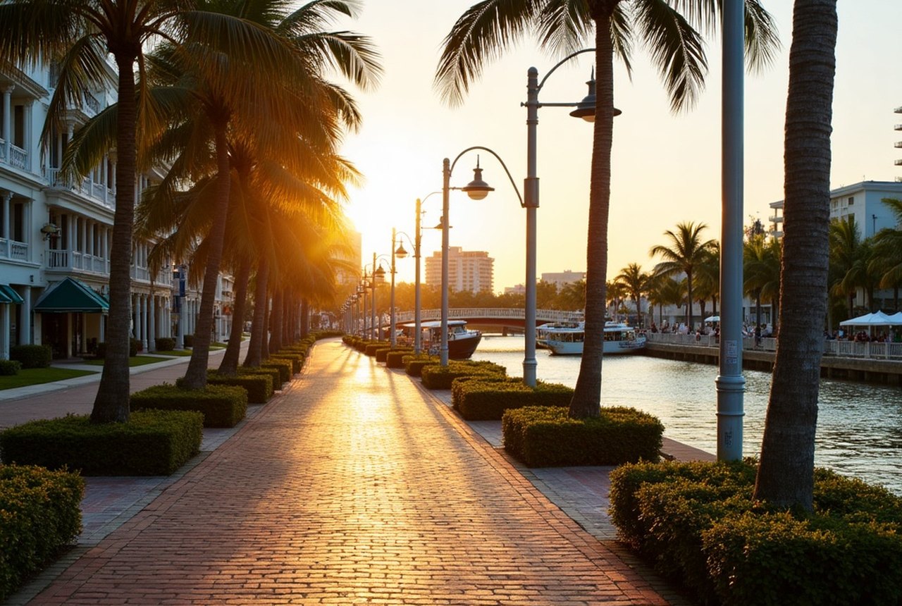 The brick Riverwalk promenade along the New River, downtown Fort Lauderdale