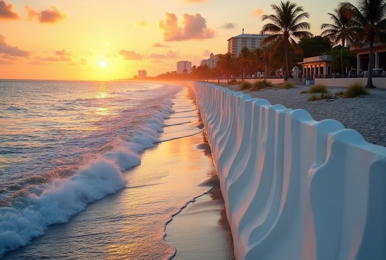 The white wave wall along Fort Lauderdale Beach and A1A at sunrise