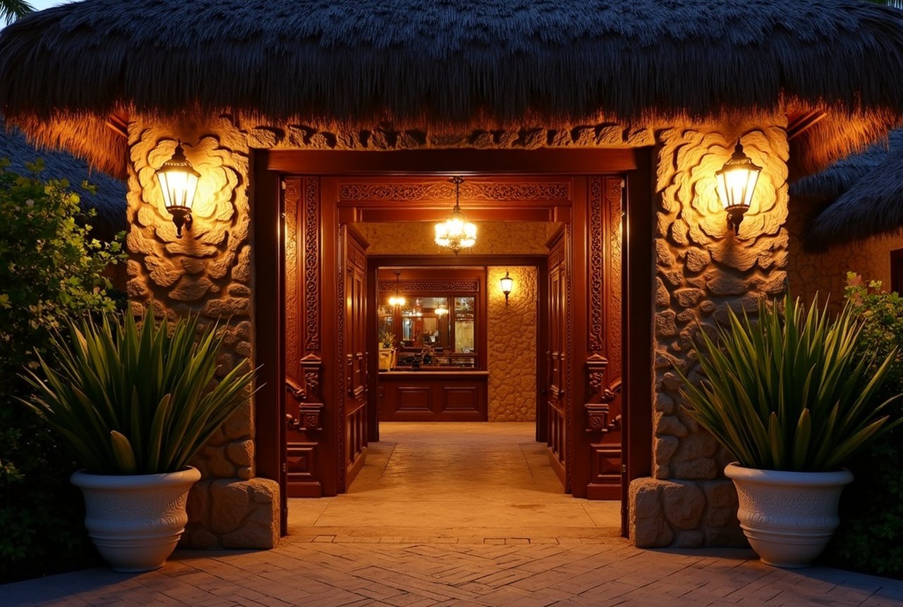 The carved Polynesian entrance of the Mai-Kai restaurant, Fort Lauderdale, lit at dusk