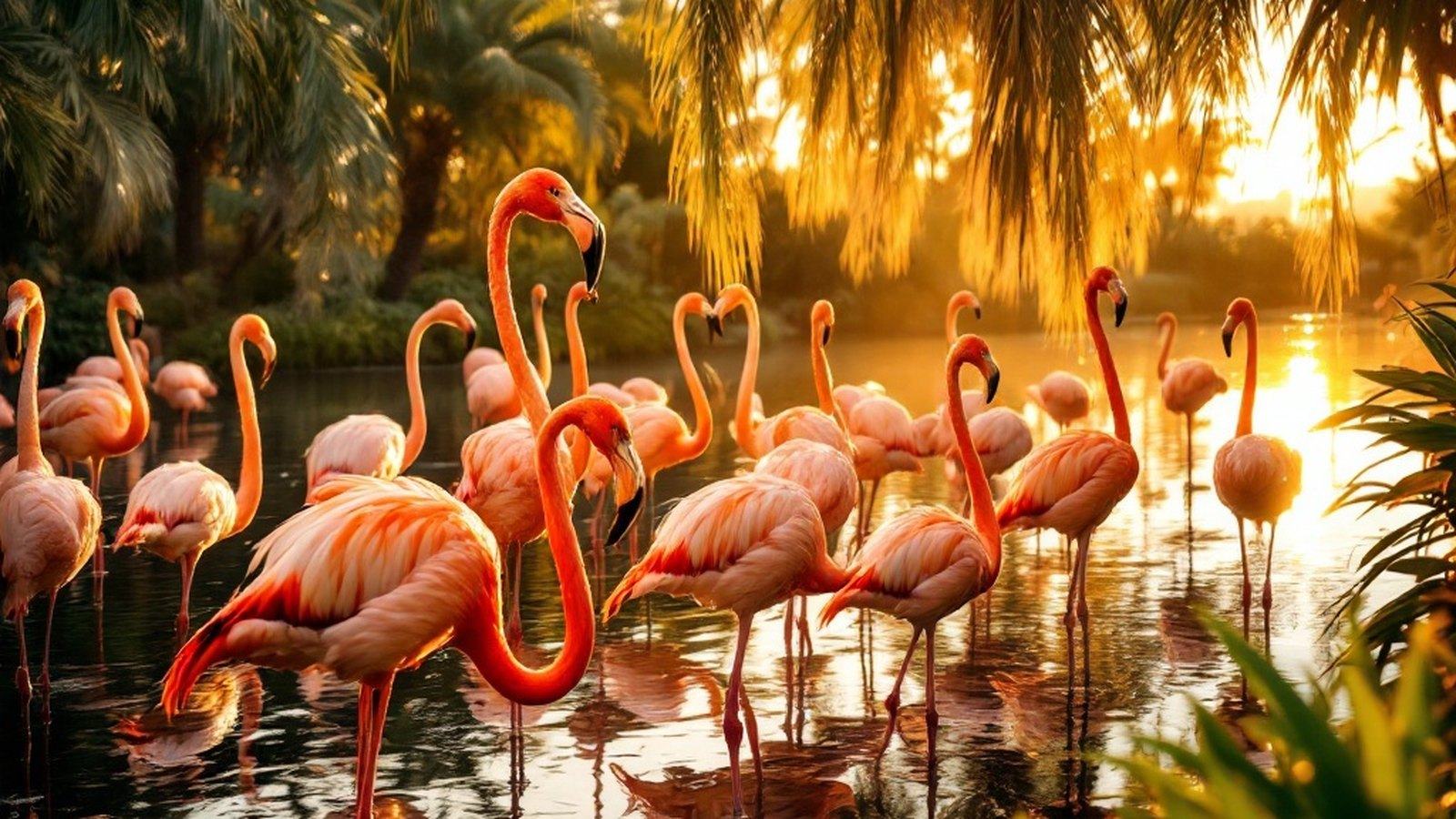 Flamingo Gardens: flamingos in wetland enclosure at golden-hour light