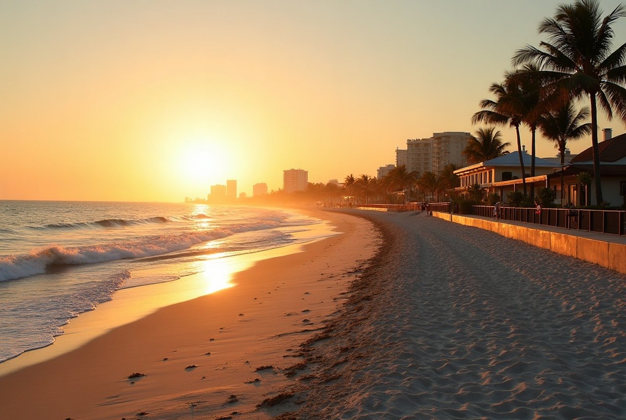 Wide shot of Fort Lauderdale Beach along A1A at golden hour