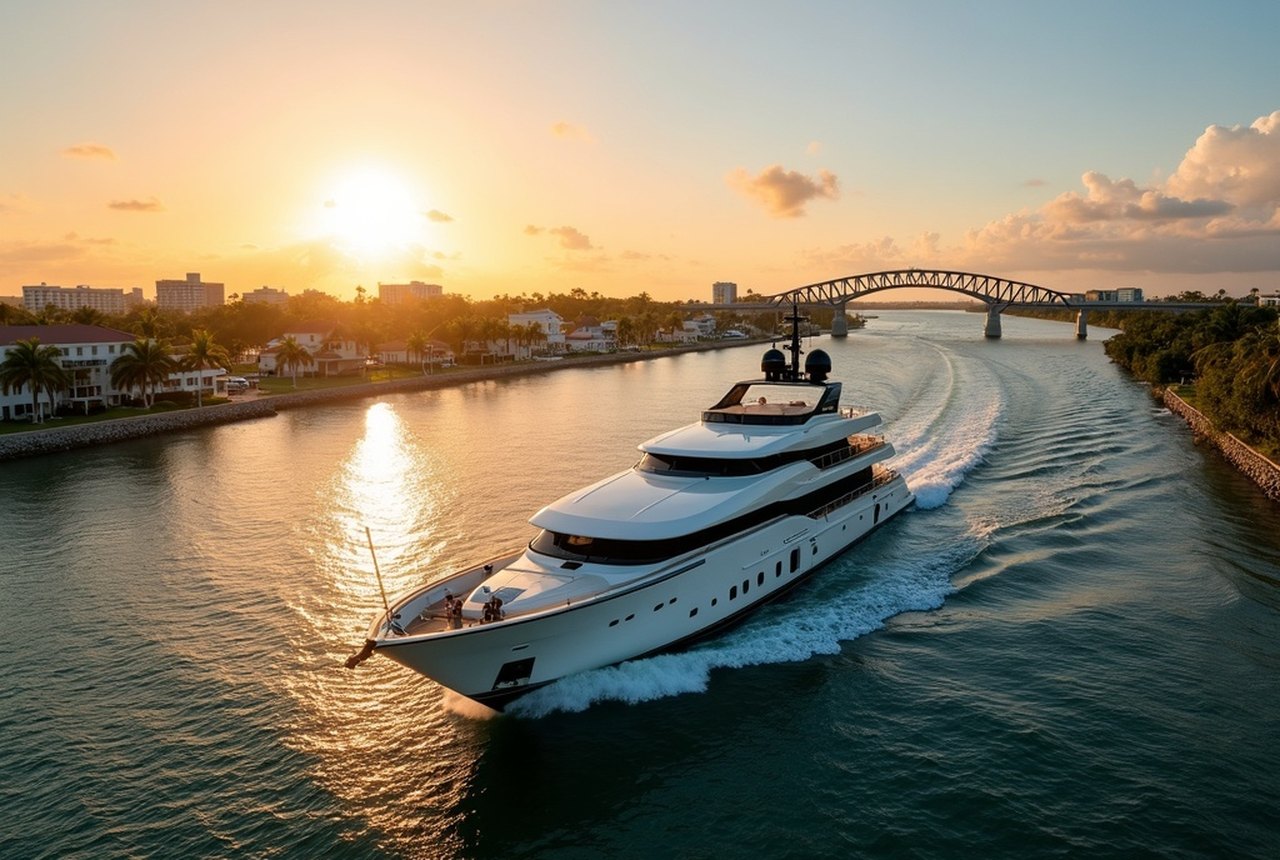 Wide shot of mega-yacht passing through the Intracoastal with drawbridge in background