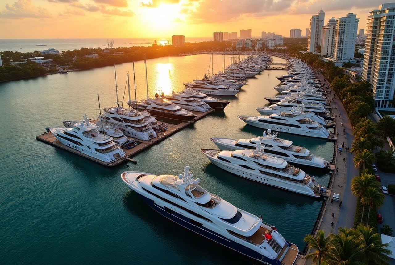 Aerial view of superyachts packed into marina during FLIBS