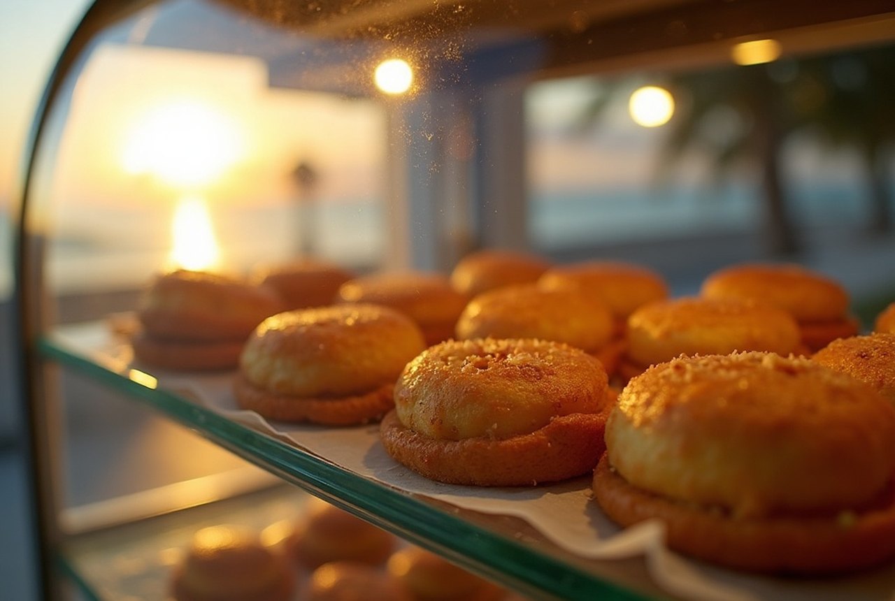 Glass bakery case with Jamaican patties or coconut bread