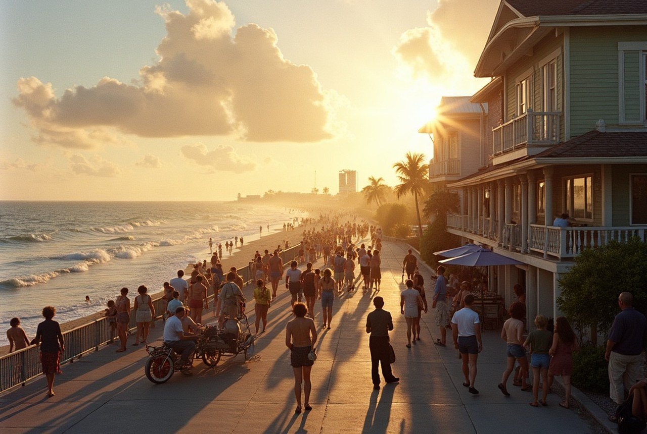 Archival shot of A1A beachfront strip circa 1960s–80s, dense with visitors